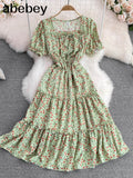 Sexy Square Collar Short Sleeve Women Midi Dress Beach Vacation Party Robe Female Elegant High Waist