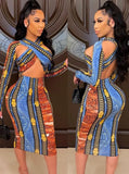 Print Cut Out Sexy Long Sleeves Long Bodycon Party