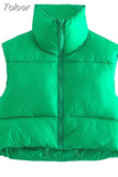 Solid Stand Collar Cropped Waistcoat Puff Vest Women Casual Sleeveless Zipper Jackets Autumn Winter Warm