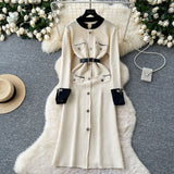 And Winter Small Fragrant Style Long-Sleeved Temperament Dress Elegant Metal Button Decoration Waist Open Fork Knitting