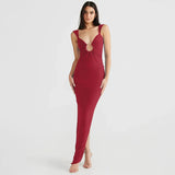 Toloer Women's Wear Fall 2024 New V Neck Open Back Irregular Dress Women's Dress Slit Dress-Outfit