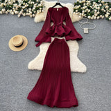 Fashion Strap To The Waist Horn Sleeve Lotus Loaf Under The Pendulum Folding Folding Top + High-Waisted Fish Tail Half-Body