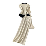 Sense Of The Color Short Sleeve Knitted Cardigan Top + High Waist Long Skirt Summer Wearing Two