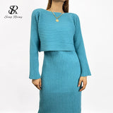Women Korean Knitted Set Casual Loose Short Pullovers+Sleeveless V Neck Sexy Slim Strap Sweater Dress Two Piece