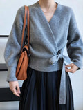 Women's V-neck Tie Waisted Loose Knitted Sweater Long Sleeve Sweater
