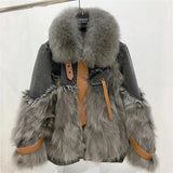 2022 New Faux Fox Fur Stitching Tassel Removable Liner Parkas Winter Harajuku Asymmetric Denim Jacket Y2k Streetwear