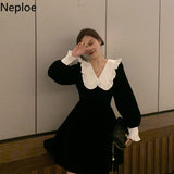 Dress for Women Chic Peter Pan Collar Vintage Vestidos De Mujer Slim Waist Ruffles Velvet Korean Dresses Temperament