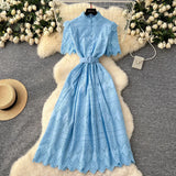 Lady Dress 2025 Summer Waists Slim Collar Short-Sleeved Hollow Hook Embroidery Single Row Buckle