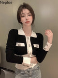 Cropped Cardigan Women Temperament Knitted Sweater Turn-down Collar Long Sleeve Sueter Mujer Contrast Color Coat