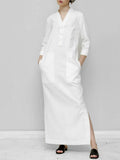 Summer Dresses Women 2022 Casual Fashion Simple Solid Color V-neck Pocket Pullover Cotton Linen Dress Loose Long Dress