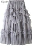 Casual Purple Patchwork Ruffle Ball Gown For Women High Waist Design Solid Elegant Mesh Skirts Female Summer Fashion