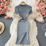 Version Of The Solid Color Collar Buckle Body Short Sleeve Elastic Knitted Forked And Left-Sleeved Dress