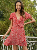 Floral Ruffled Flutter Sleeve Plunge