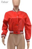 B PU Faux Leather Crop Bomber Coat Ladies Stand Collar Full Sleeve Baseball Jackets Streetwear Button Down Slim Fit