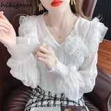 Blouse for Women Sweet Peter Pan Collar Long Sleeve White Shirts Lace Ruffles Chiffon Tops 2023 Blusas Mujer De