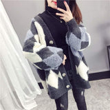 Sweater Cardigan Women Autumn Winter Korean Thick Knit Cardigans Argyle Oversized Hit Color Knitwear Outwear Coat