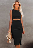 Elegant O-Neck Sleeveless Solid Hollow Out Slit Midi