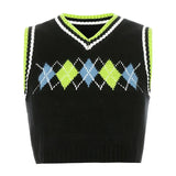 Argyle Y2K Sleeveless Sweater Vest 90s V Neck Plaid Knitted Vests Women Casual Preppy Style Crop Top Autumn