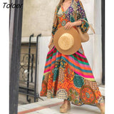 Retro Ethnic Print Dress New Spring Summer Half-sleeve Casual Dress Ladies Sexy V-neck Stitching Pleated Drape Maxi