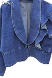 Fall 2023 Women Clothing Cropped Denim Jacket Vintage Turn-down Collar Puff Sleeve Ruffles Crop Tops Korean Jean