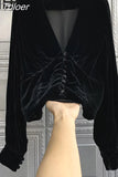 Temperament Ladies Tops Blouse Women V-neck Long Sleeve Folds Shirts Korean Tunic Velvet Blouses 2023 Blusas Mujer De Moda