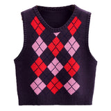 Argyle Y2K Tank Sweater Women 90s Preppy Style Casual Sleeve Knitted Crop Top Jumper Vintage Mini Vest Autumn