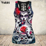 Gothic Skull Print Tank Top Women Halloween Cotton Sleeveless Tee Shirt Workout Black Vest