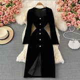 Autumn Vintage Black Velvet Party Dress Women Elegant Square Collar Long Sleeve Single Breasted Split Vestidos Female Robe
