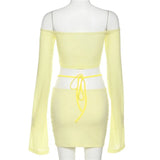 Y2k Sexy Two Piece Short Sets Womens Outifits Yellow Off Shoulder Long Sleeve Crop Top and Skirts Sets