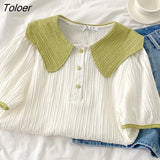 Pan Collar Shirts Women Sweet Preppy Style Elegant Summer Tops Harajuku Students Korean New Arrival Females Casual
