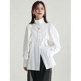 Women White Elegant Blouse New Stand Collar Long Lantern Sleeve Loose Fit Shirt Fashion Tide Spring Autumn 2023