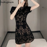 Temperament Robe Femme Vintage Slim Sexy Chic Woman Dress O-neck Short Sleeve Lace Black Vestido Femme Bodycon Mini