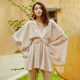 Vintage Tunic Women Dress V Neck Long Sleeve High Waist Lace Up Bowknot Mini Elegant Dresses Female Summer 2020