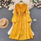 2022 Autumn New Lace Embroidery Dress Women Long Sleeves Dresses Female Vintage Party Beach Maxi Long