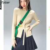 Women Knit Top 2022 Spring Long Sleeves O Neck Slim Solid Matcha Green Special Design Elegant Vintage