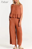 Summer Casual Sleeveless Pleated Pants Sets Wide-leg Loose Clothes 2 Piece Sets O Neck Trouser Suits Two Piece Set