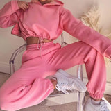 Loose Fleece Women's Pants Tracksuit Cropped Hooded Top And Drawstring High Waist Joggers Ladies Sports Suit 2022