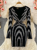 Women Sexy Black Bling Diamonds Bodycon Mini Dress Female Spring Autumn Elegant V-Neck Long Sleeve High Waist Party Vestidos
