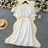 High-End Squeal Hook Lace Set Women's Summer Fashion Short Horn Sleeve Shirt High Waist