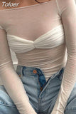 Shoulder See Through Mesh Women's T-shirt Spring 2023 Y2k Tops Long Sleeve Crop Tees Streetwear Sexy Ruched T Shirts