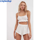 Summer Women's Tube Top Casual Knitted Camis Hollow Sleeveless Short Tank Top White Lace Decoration Sexy Woman