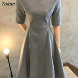 Gray Elegant Dress Women O Neck High Waisted Chic Dress Bodycon Female Puff Sleeve Solid Business Streetwear Women