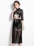 Women Summer Dress Runway Design Vintage Printed Lace Stitching Long Dress Fashion Fake Two Elegant Dress