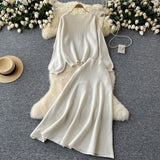 Windy Woman Languid Languid Breeze With Long-Sleeved Knitted Shirt + High Waist Swing Sweater Half-Dress