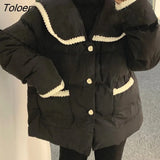 Korean Patchwork Loose Parka Coat Women 2023 Winter Navy Lapel Long Sleeve Jackets Woman Button Up Cotton Padded