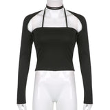Rockmore Sexy Hollow Out T Shirt Halter Camis Crop Top Women Harajuku Long Sleeve Streetwear Black Basic Tight Tee 2 Piece