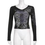 Rhinestone Floral Vintage Graphic T Shirts Women Gray Casual Cute New Sweat Tops O Neck Long Sleeve Autumn Baby