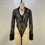 Toloer Sexy Lace Stitching Deep V Long Sleeve Top Slim See-Through High Waist Bell Bottoms Women's Suit-Outfit