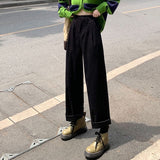 Corduroy Pants High Waist Spring coffee Straight Trousers Causal Pockets All Match Female Black Korean