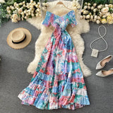 Bohemian Women Tie Dye Printed Long Dress Sexy Autumn 2021 Female V-Neck Short Sleeve High Waist Vacation Beach Ruffle